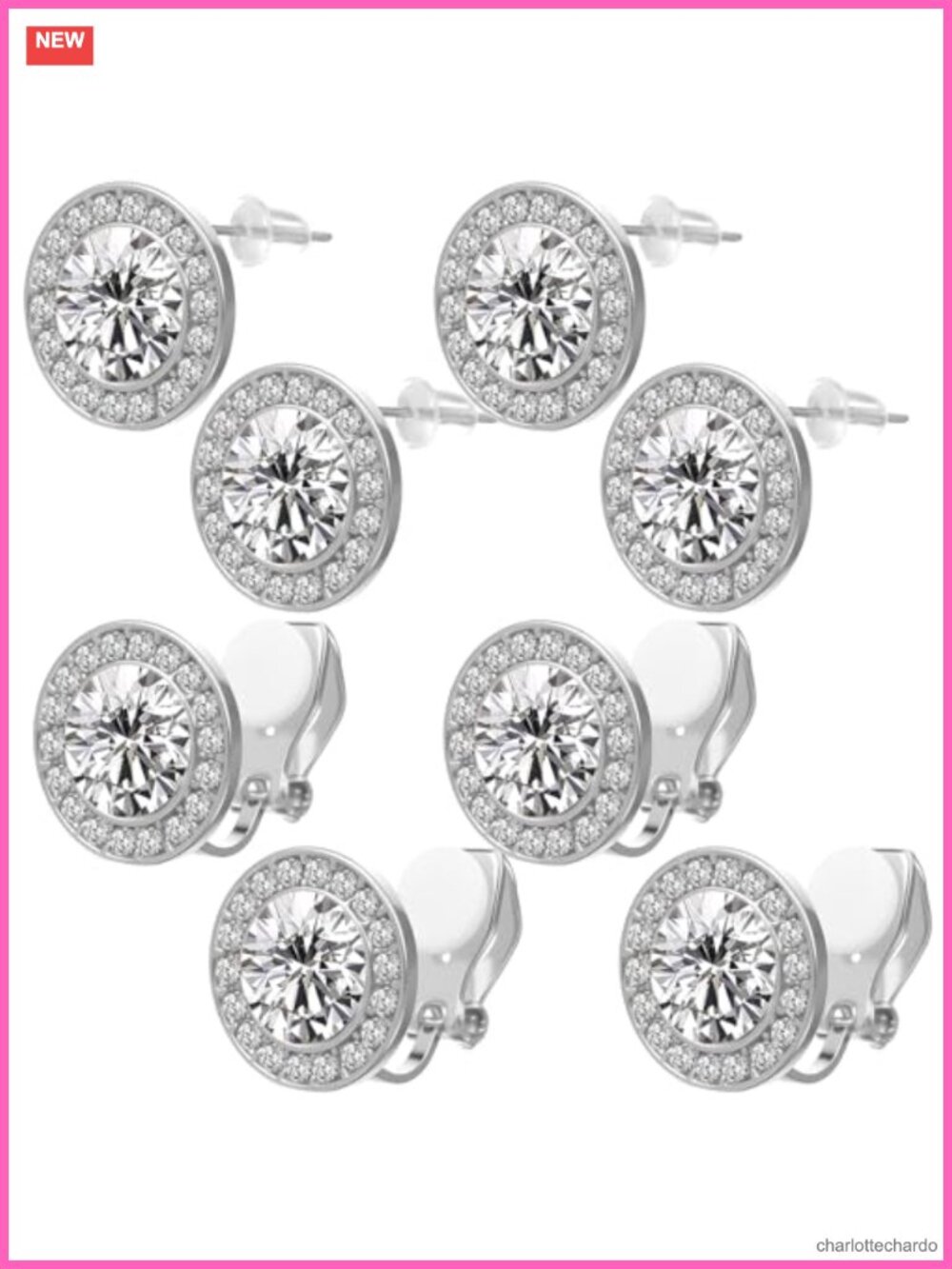 4 Pairs Rhinestone Dance Competition Earrings Clip-On Stud Set